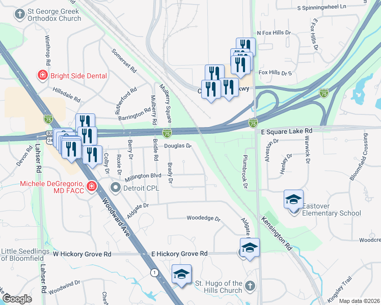 map of restaurants, bars, coffee shops, grocery stores, and more near 2615 Douglas Drive in Bloomfield Hills