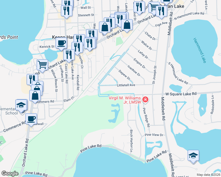 map of restaurants, bars, coffee shops, grocery stores, and more near 2642 Littletell Avenue in West Bloomfield Township
