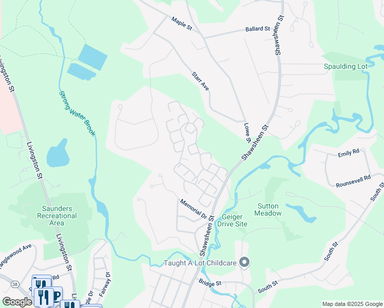 map of restaurants, bars, coffee shops, grocery stores, and more near 125 Apache Way in Tewksbury