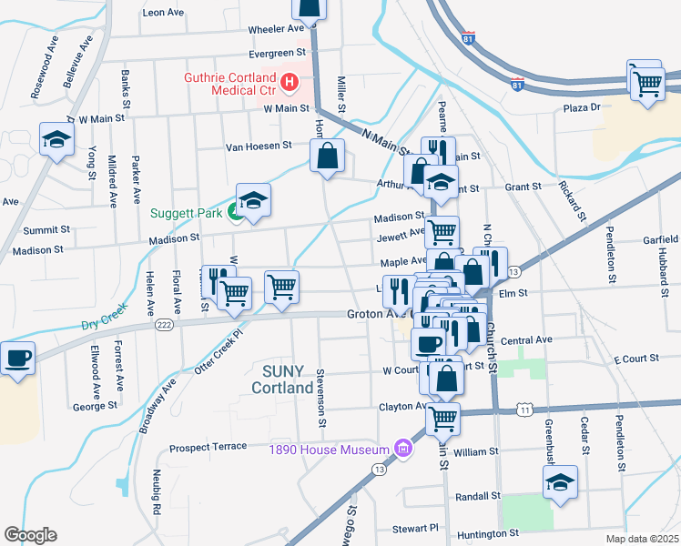 map of restaurants, bars, coffee shops, grocery stores, and more near 30 Homer Avenue in Cortland