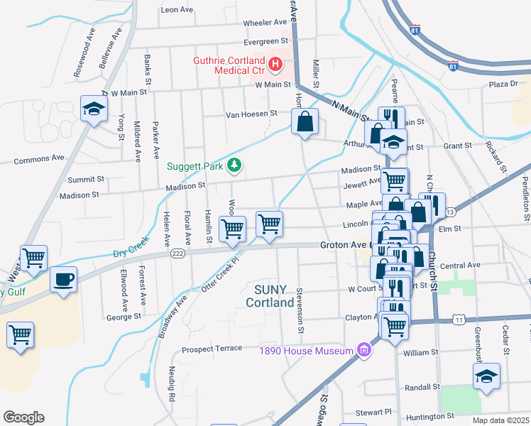 map of restaurants, bars, coffee shops, grocery stores, and more near 86 Maple Avenue in Cortland