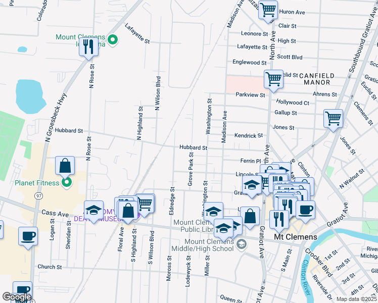 map of restaurants, bars, coffee shops, grocery stores, and more near 114 Hubbard Street in Mount Clemens