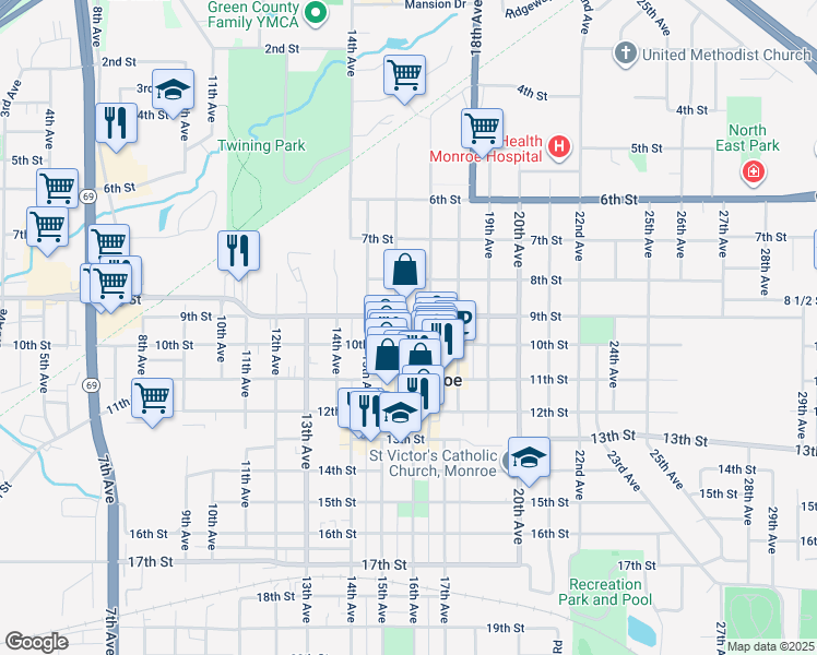 map of restaurants, bars, coffee shops, grocery stores, and more near 1520 9th Street in Monroe