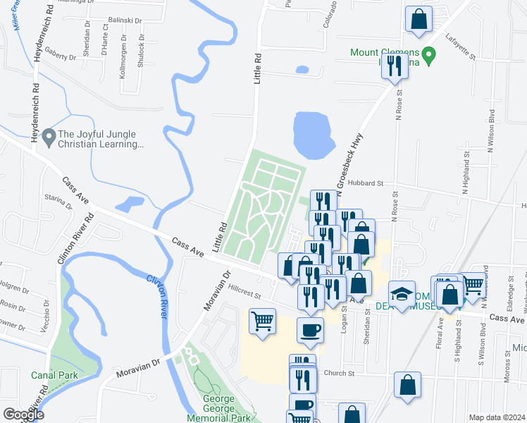 map of restaurants, bars, coffee shops, grocery stores, and more near 21189 Cass Avenue in Charter Township of Clinton