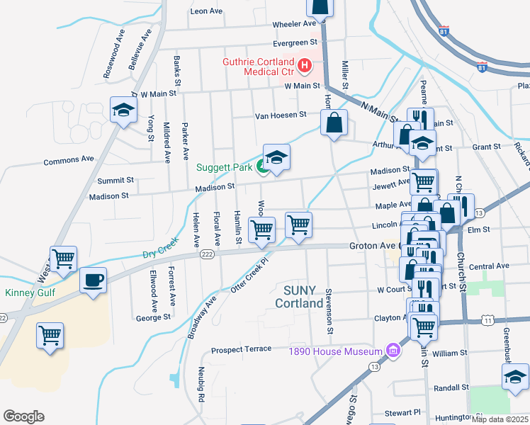 map of restaurants, bars, coffee shops, grocery stores, and more near 102 Maple Avenue in Cortland