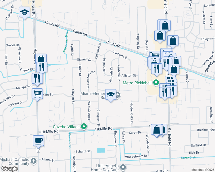 map of restaurants, bars, coffee shops, grocery stores, and more near 41645 Amberly Drive in Clinton Township