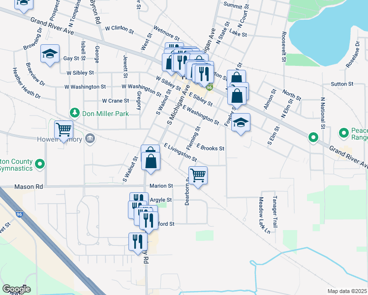 map of restaurants, bars, coffee shops, grocery stores, and more near 501 Fleming Street in Howell