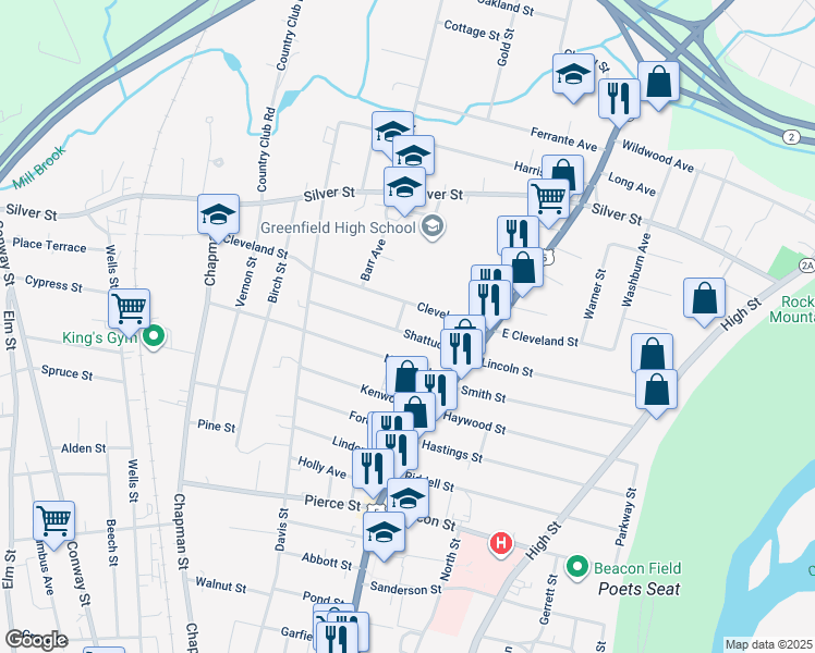 map of restaurants, bars, coffee shops, grocery stores, and more near 1-9 Cross Street in Greenfield