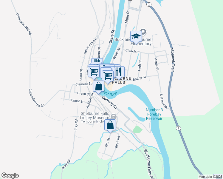 map of restaurants, bars, coffee shops, grocery stores, and more near 1 Memorial Drive in Shelburne Falls