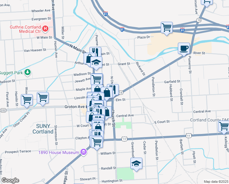 map of restaurants, bars, coffee shops, grocery stores, and more near 46 Clinton Avenue in Cortland