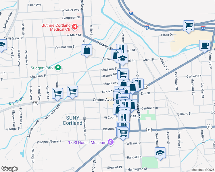 map of restaurants, bars, coffee shops, grocery stores, and more near 23-25 Maple Avenue in Cortland