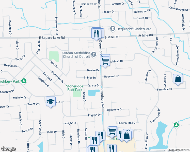 map of restaurants, bars, coffee shops, grocery stores, and more near 2944 Shirley Drive in Troy