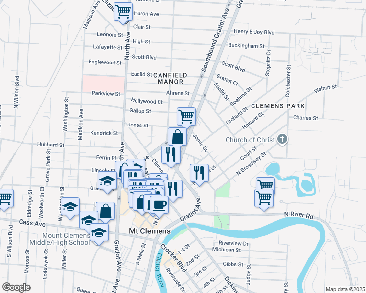 map of restaurants, bars, coffee shops, grocery stores, and more near 193 Northbound Gratiot Avenue in Mount Clemens