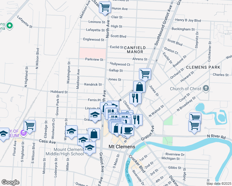 map of restaurants, bars, coffee shops, grocery stores, and more near 149 Clinton Street in Mount Clemens