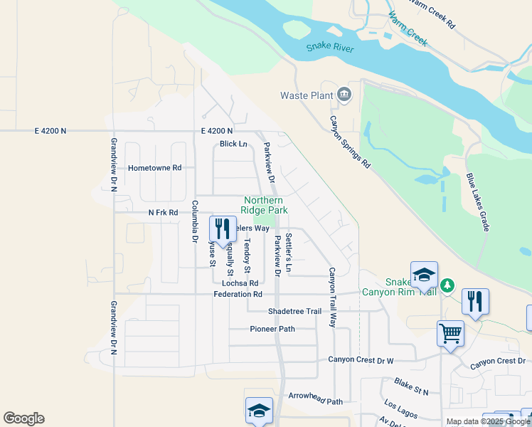 map of restaurants, bars, coffee shops, grocery stores, and more near Parkview Drive in Twin Falls
