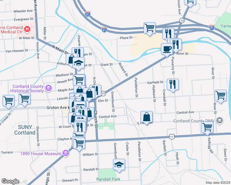 map of restaurants, bars, coffee shops, grocery stores, and more near 48 Elm Street in Cortland
