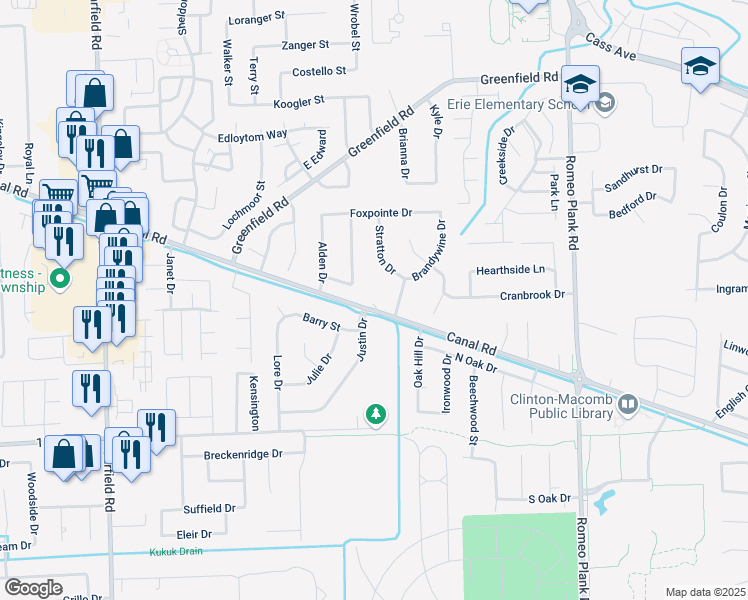 map of restaurants, bars, coffee shops, grocery stores, and more near 17863 Canal Road in Clinton Township
