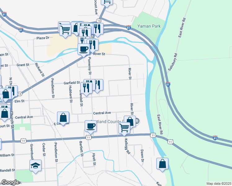 map of restaurants, bars, coffee shops, grocery stores, and more near 148 Elm Street in Cortland