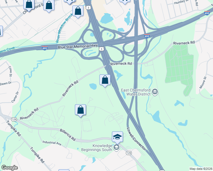 map of restaurants, bars, coffee shops, grocery stores, and more near 12 Mcfarlin Road in Chelmsford
