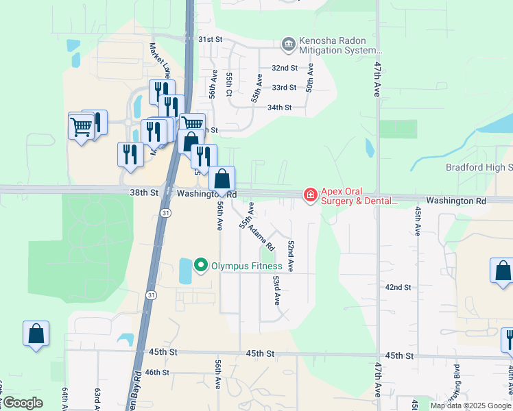 map of restaurants, bars, coffee shops, grocery stores, and more near 5419 County Highway South in Kenosha