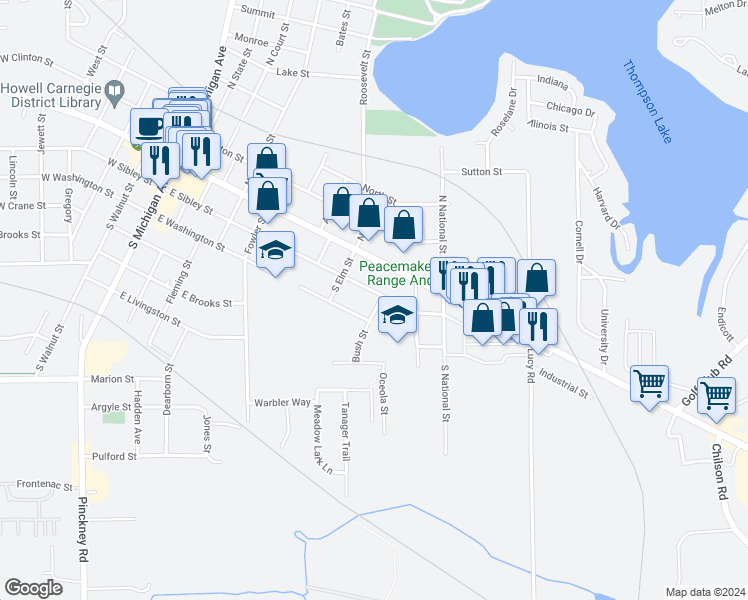 map of restaurants, bars, coffee shops, grocery stores, and more near 739 East Sibley Street in Howell