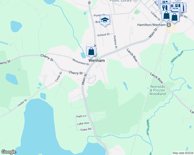 map of restaurants, bars, coffee shops, grocery stores, and more near 309 Old Country Road in Wenham