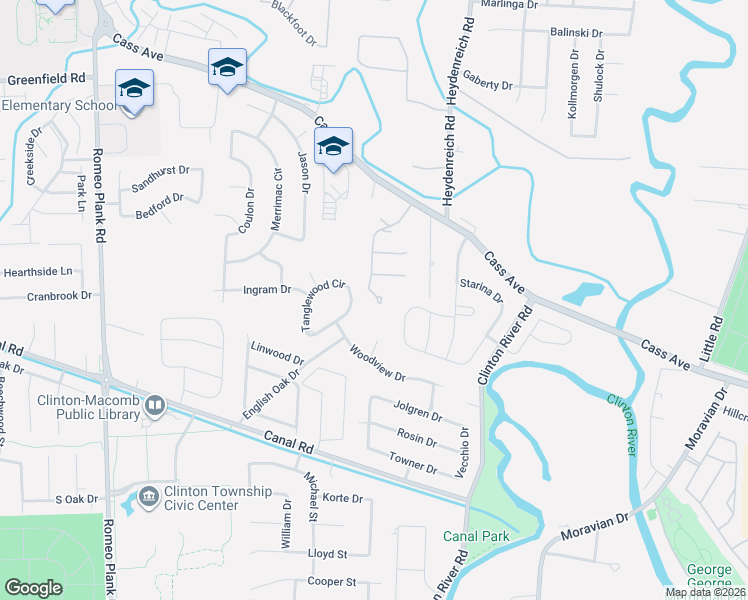 map of restaurants, bars, coffee shops, grocery stores, and more near 20060 Rockycrest Court in Clinton Township