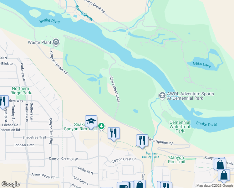 map of restaurants, bars, coffee shops, grocery stores, and more near Blue Lakes Grade in Twin Falls