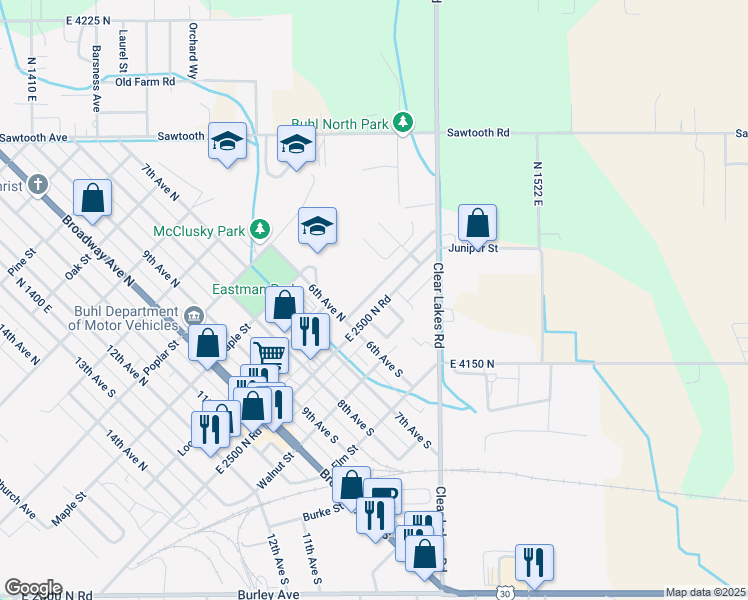 map of restaurants, bars, coffee shops, grocery stores, and more near 500 Main Street in Buhl