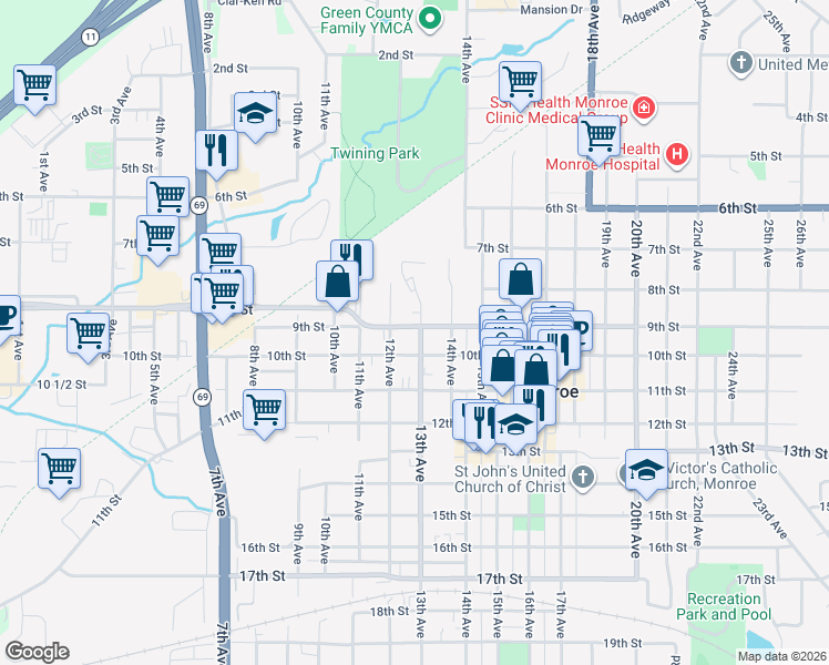map of restaurants, bars, coffee shops, grocery stores, and more near 1309 9th Street in Monroe