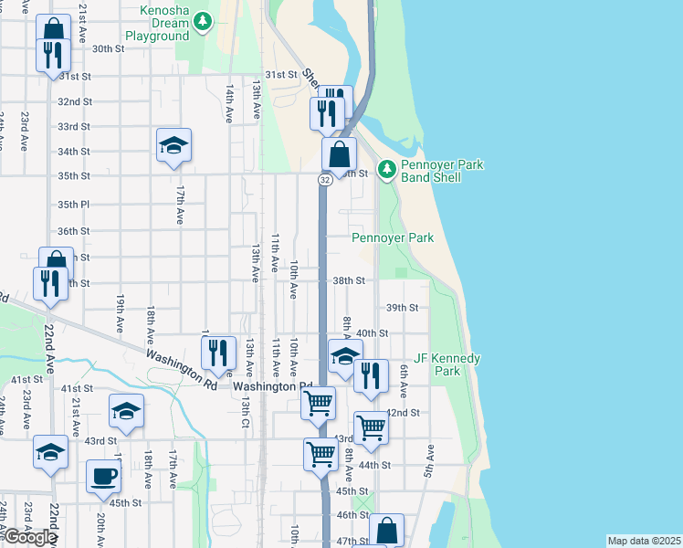 map of restaurants, bars, coffee shops, grocery stores, and more near 804 38th Street in Kenosha