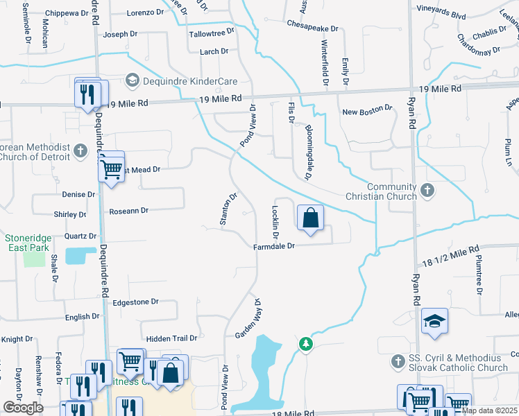 map of restaurants, bars, coffee shops, grocery stores, and more near 42406 Pond View Drive in Sterling Heights