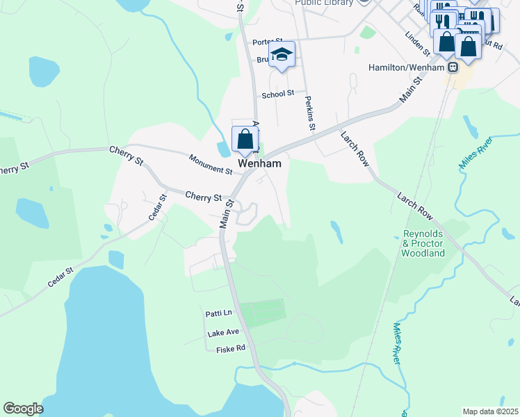 map of restaurants, bars, coffee shops, grocery stores, and more near 309 Old Country Road in Wenham