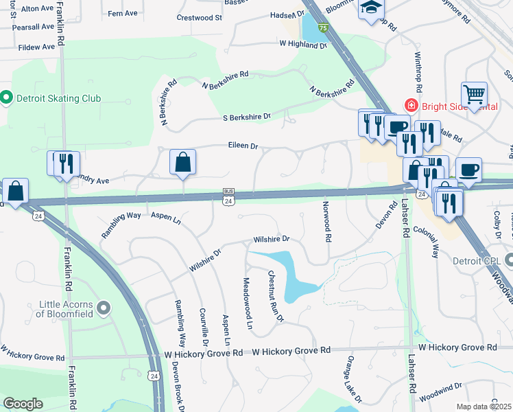 map of restaurants, bars, coffee shops, grocery stores, and more near 354 Sycamore Court in Bloomfield Hills