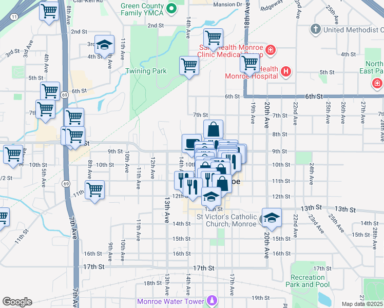 map of restaurants, bars, coffee shops, grocery stores, and more near 1409 9th Street in Monroe