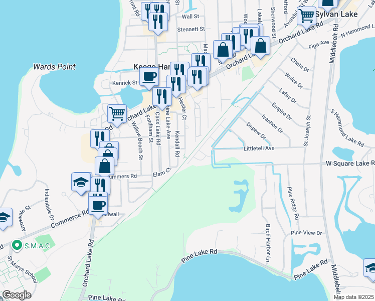 map of restaurants, bars, coffee shops, grocery stores, and more near 2443 Hester Court in Keego Harbor
