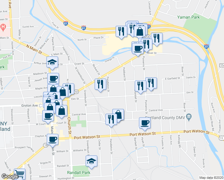 map of restaurants, bars, coffee shops, grocery stores, and more near 25-27 Pendleton Street in Cortland