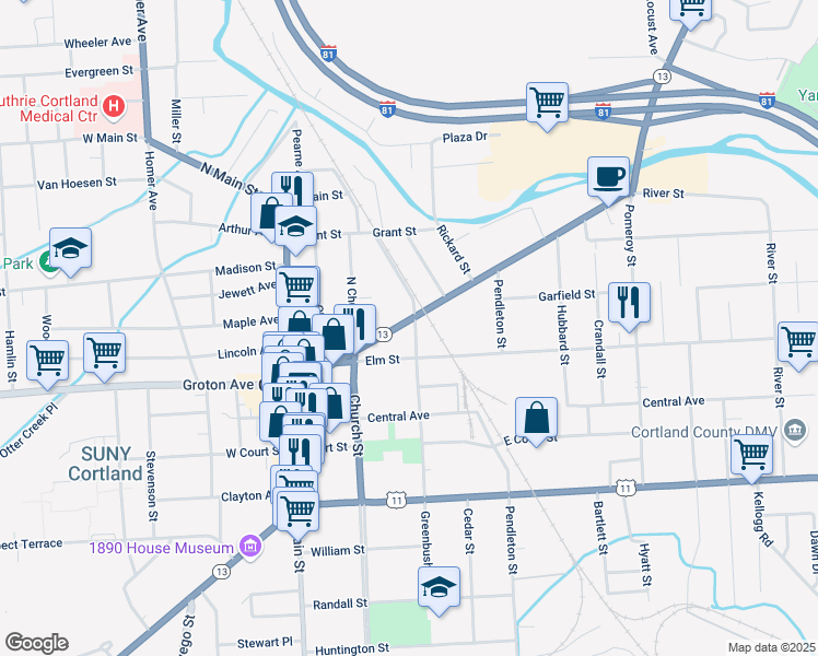 map of restaurants, bars, coffee shops, grocery stores, and more near 67 Clinton Avenue in Cortland