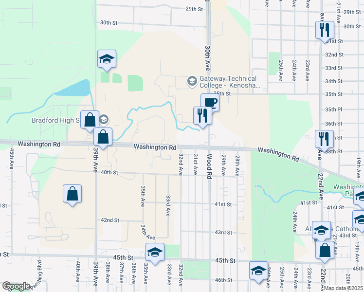 map of restaurants, bars, coffee shops, grocery stores, and more near 3248 Washington Road in Kenosha