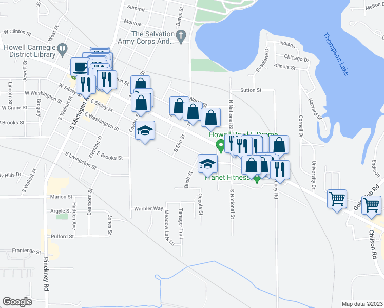 map of restaurants, bars, coffee shops, grocery stores, and more near 727 East Sibley Street in Howell