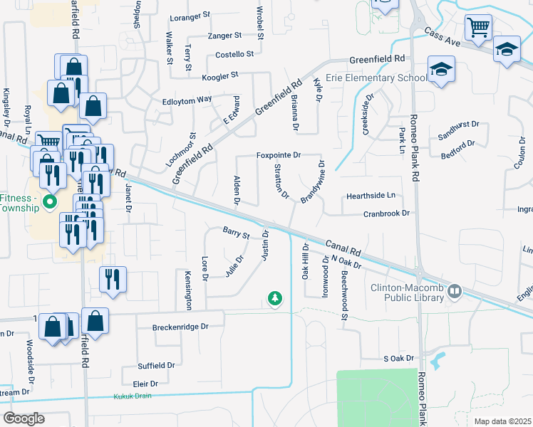map of restaurants, bars, coffee shops, grocery stores, and more near 17863 Canal Road in Clinton Township