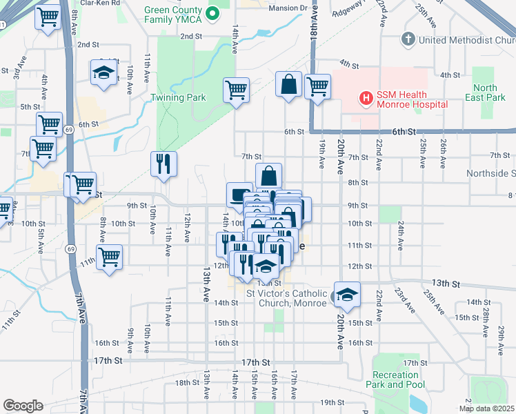 map of restaurants, bars, coffee shops, grocery stores, and more near 1520 9th Street in Monroe