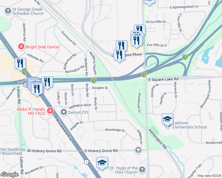 map of restaurants, bars, coffee shops, grocery stores, and more near 2615 Douglas Drive in Bloomfield Hills