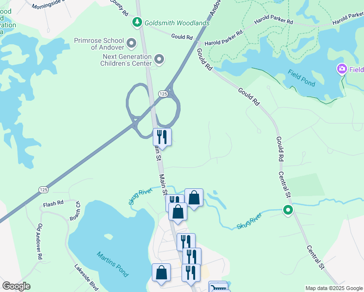 map of restaurants, bars, coffee shops, grocery stores, and more near 10 Colonial Drive in Andover