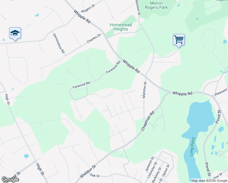 map of restaurants, bars, coffee shops, grocery stores, and more near 80 Briarwood Road in Tewksbury