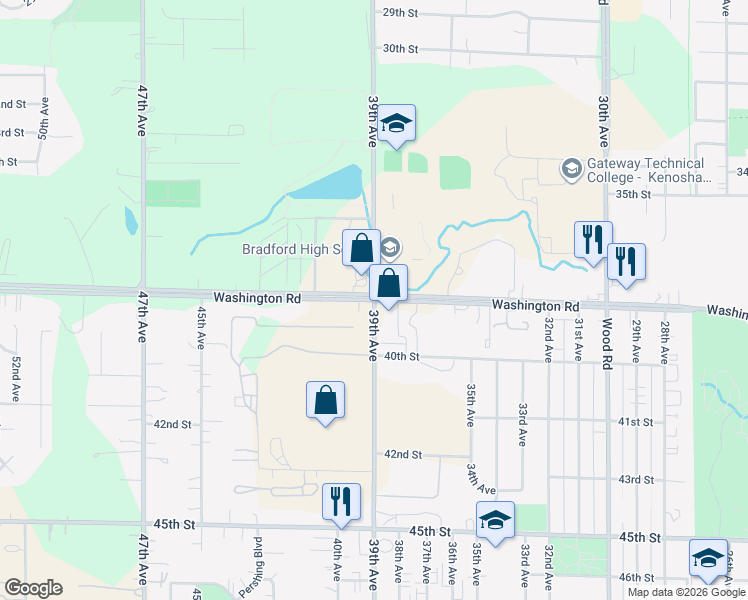 map of restaurants, bars, coffee shops, grocery stores, and more near Washington Rd & 39th Ave in Kenosha