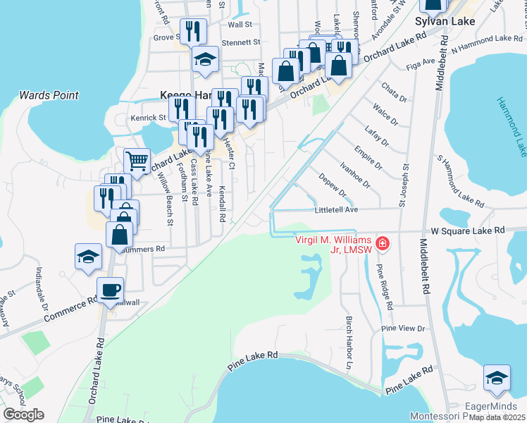 map of restaurants, bars, coffee shops, grocery stores, and more near 2420 Woodrow Wilson Boulevard in West Bloomfield Township