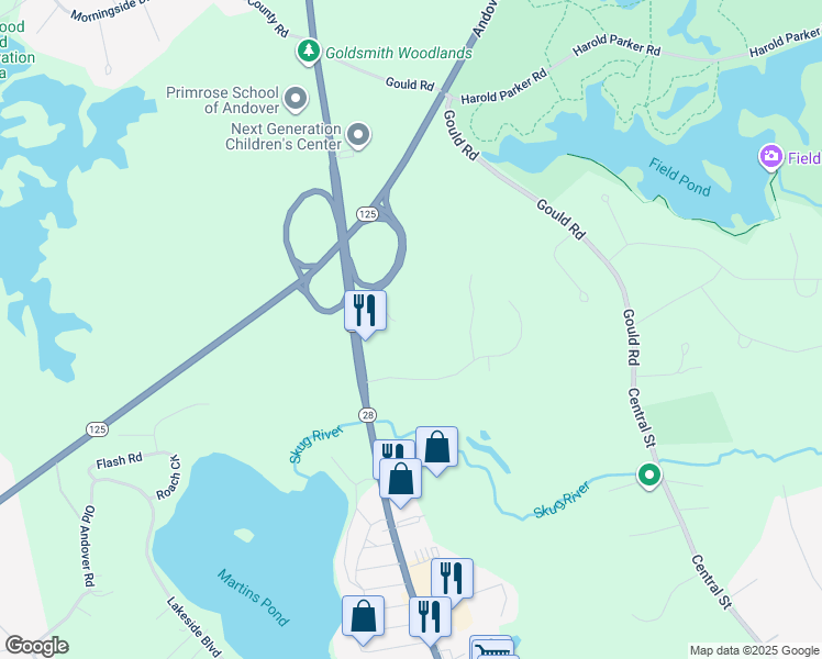 map of restaurants, bars, coffee shops, grocery stores, and more near 10 Colonial Drive in Andover