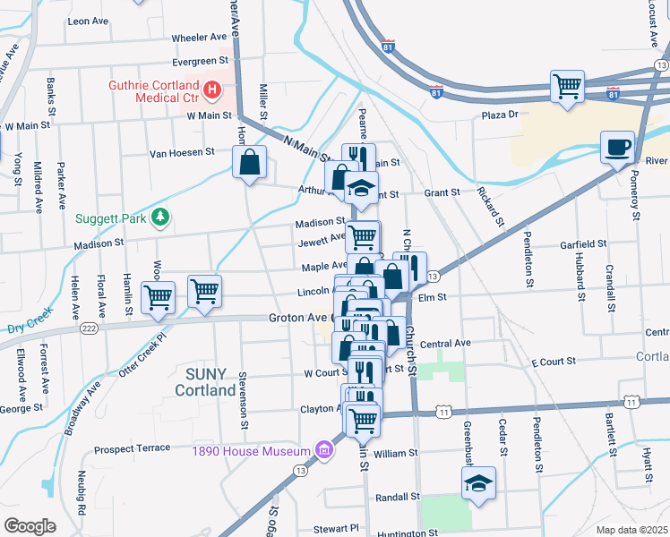 map of restaurants, bars, coffee shops, grocery stores, and more near 23-25 Maple Avenue in Cortland