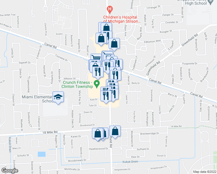 map of restaurants, bars, coffee shops, grocery stores, and more near 43144 Carlyle Place in Macomb County